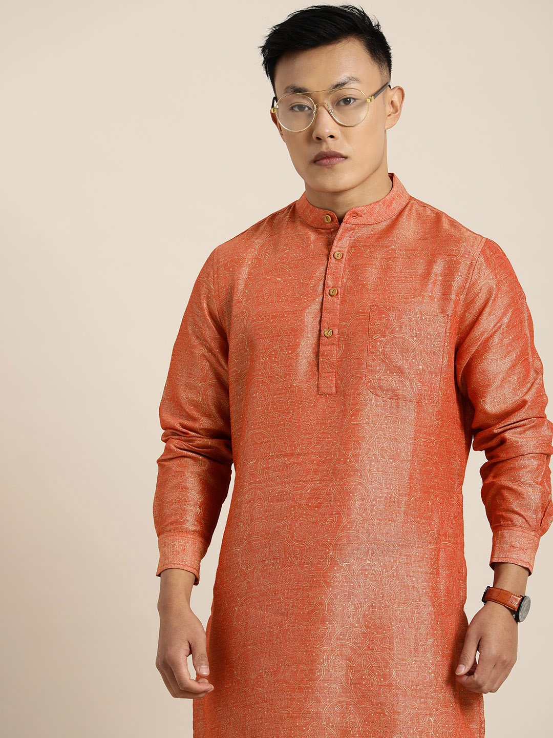 

Taavi Men Coral Orange Ethnic Motifs Printed Festive Kurta