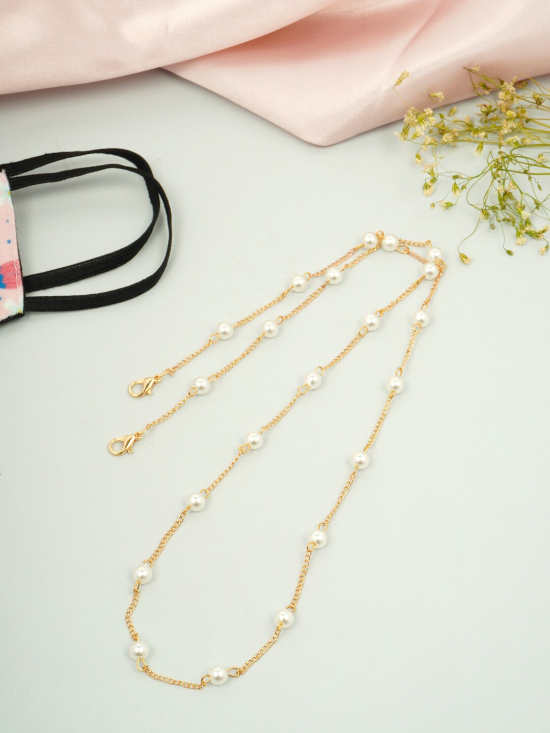 

Ferosh Women Gold-Toned & White Pearl Beaded Face Mask Chain