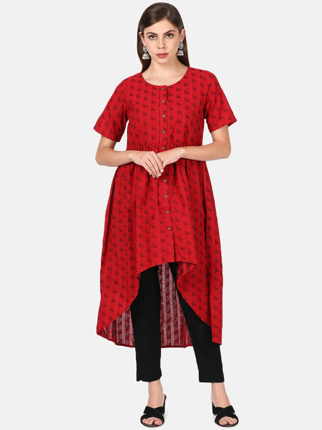 

UNTUNG Women Red Printed Pleated Pure Cotton Kurta with Trousers