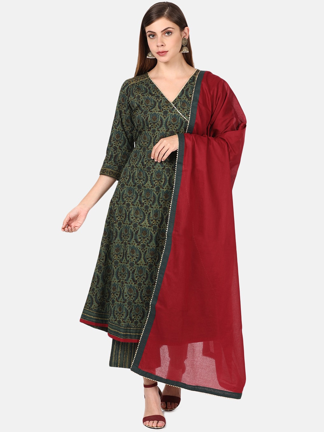 

UNTUNG Women Green Ethnic Motifs Printed Angrakha Pure Cotton Kurta with Churidar & With Dupatta