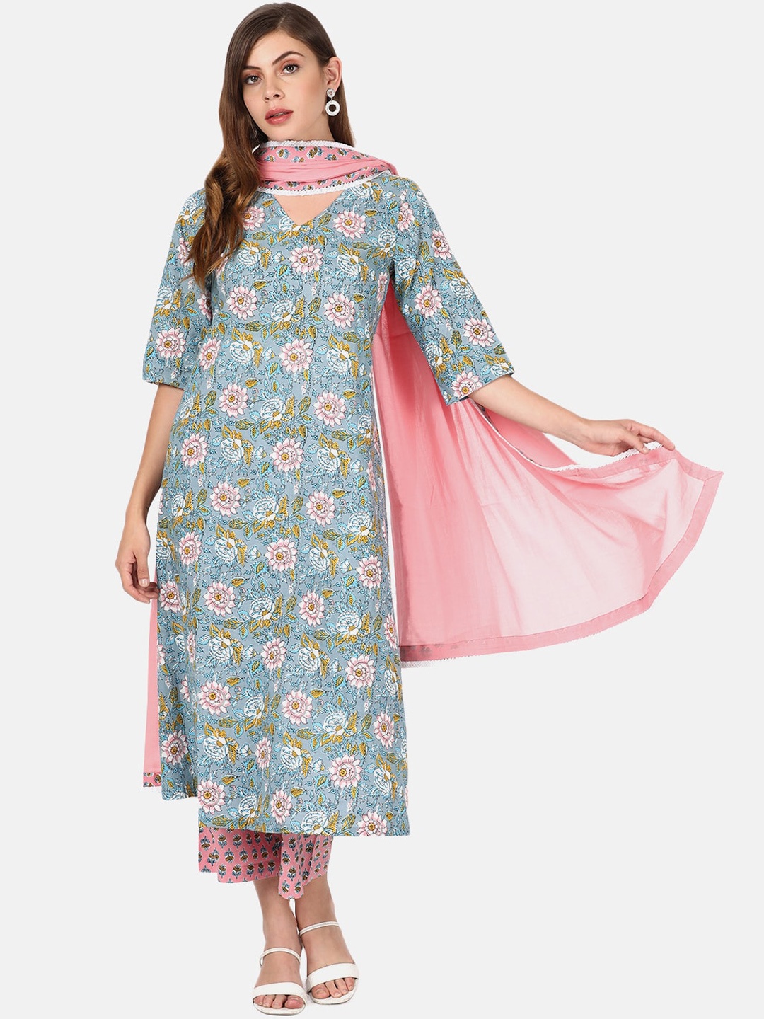 

UNTUNG Women Blue & Pink Floral Printed Pure Cotton Kurta with Palazzos & With Dupatta