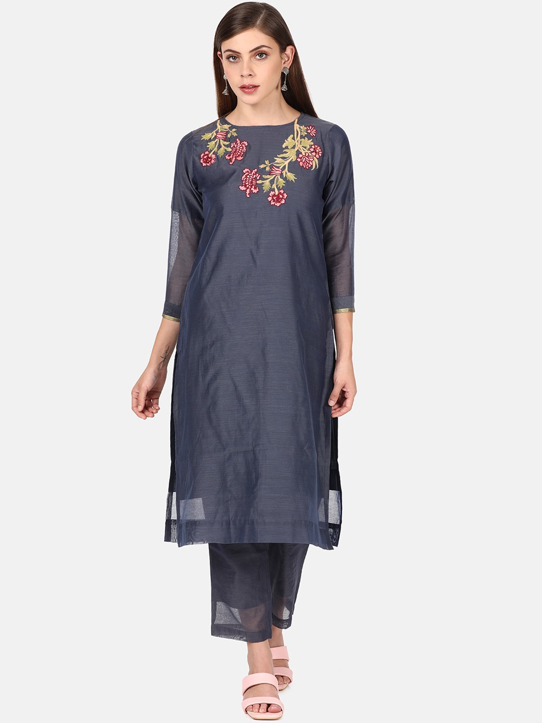 

UNTUNG Blue Floral Embroidered Thread Work Chanderi Silk Kurta with Trousers