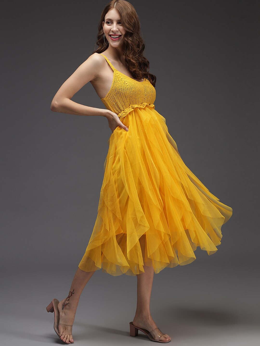 

Darzi Yellow Knitted Fit and Flare Dress