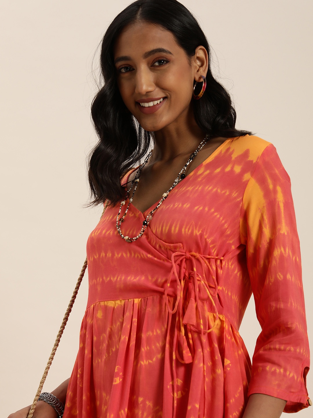

Taavi Women Pink & Yellow Ethnic Motifs Woven Design Wrap Dress