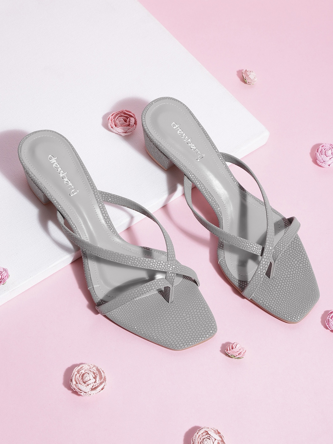 

DressBerry Grey Snake Skin Textured Block Heels
