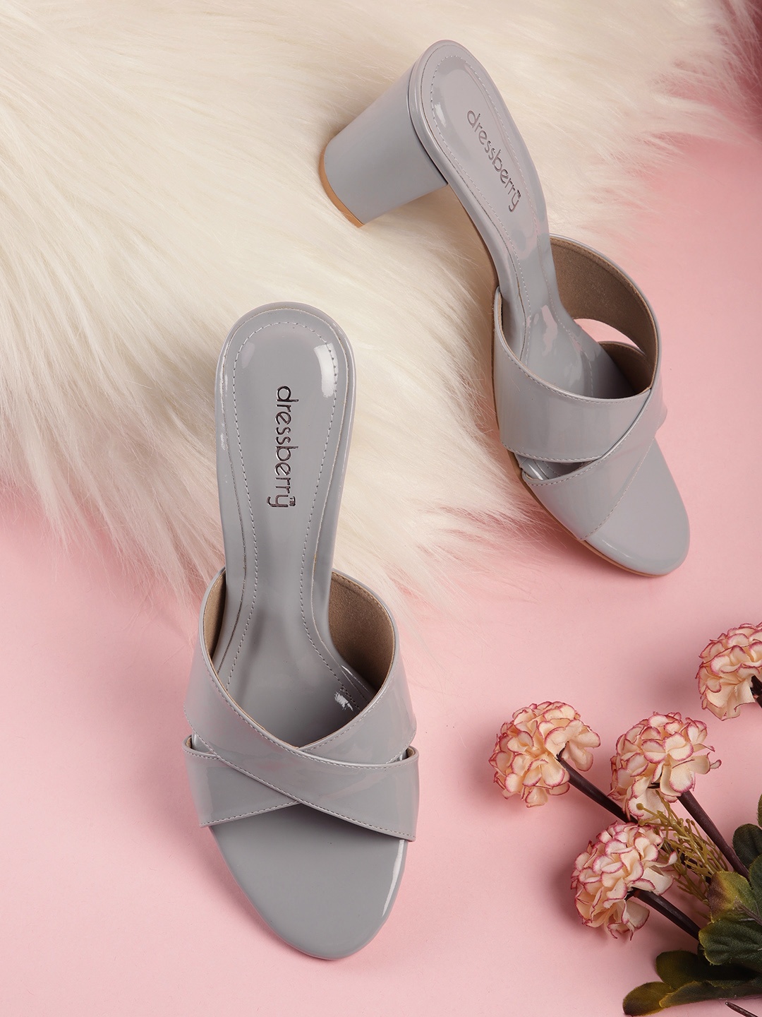 

DressBerry Grey Glossy Finish Criss-Cross Handcrafted Block Heels