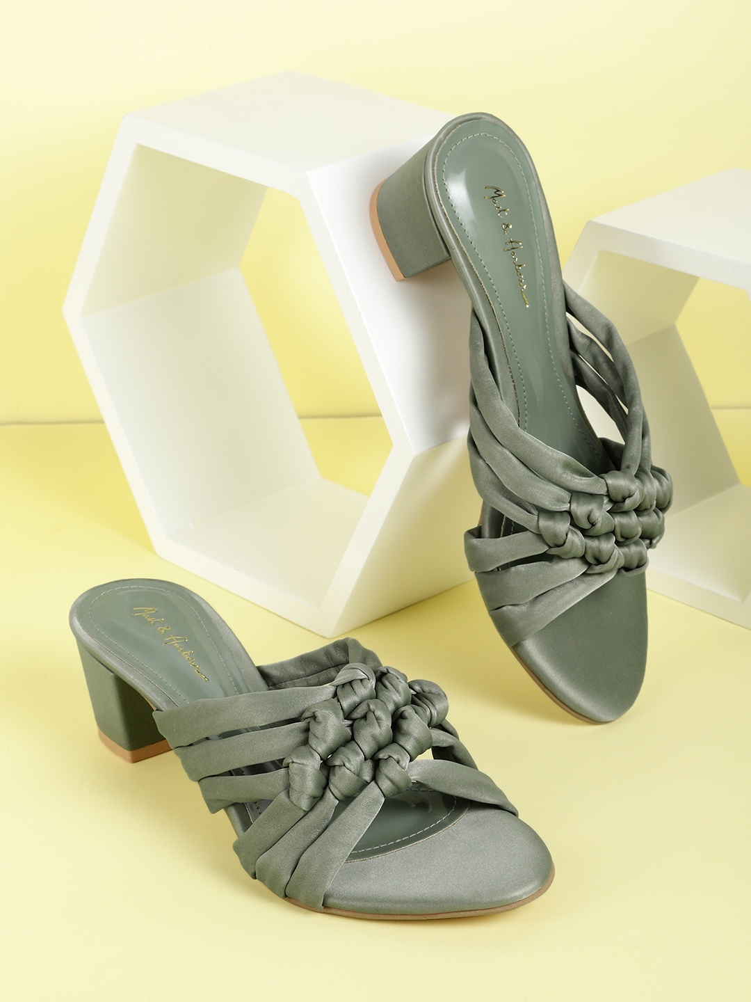 

Mast & Harbour Women Green Solid Block Heels with Strappy & Knot Detail Upper