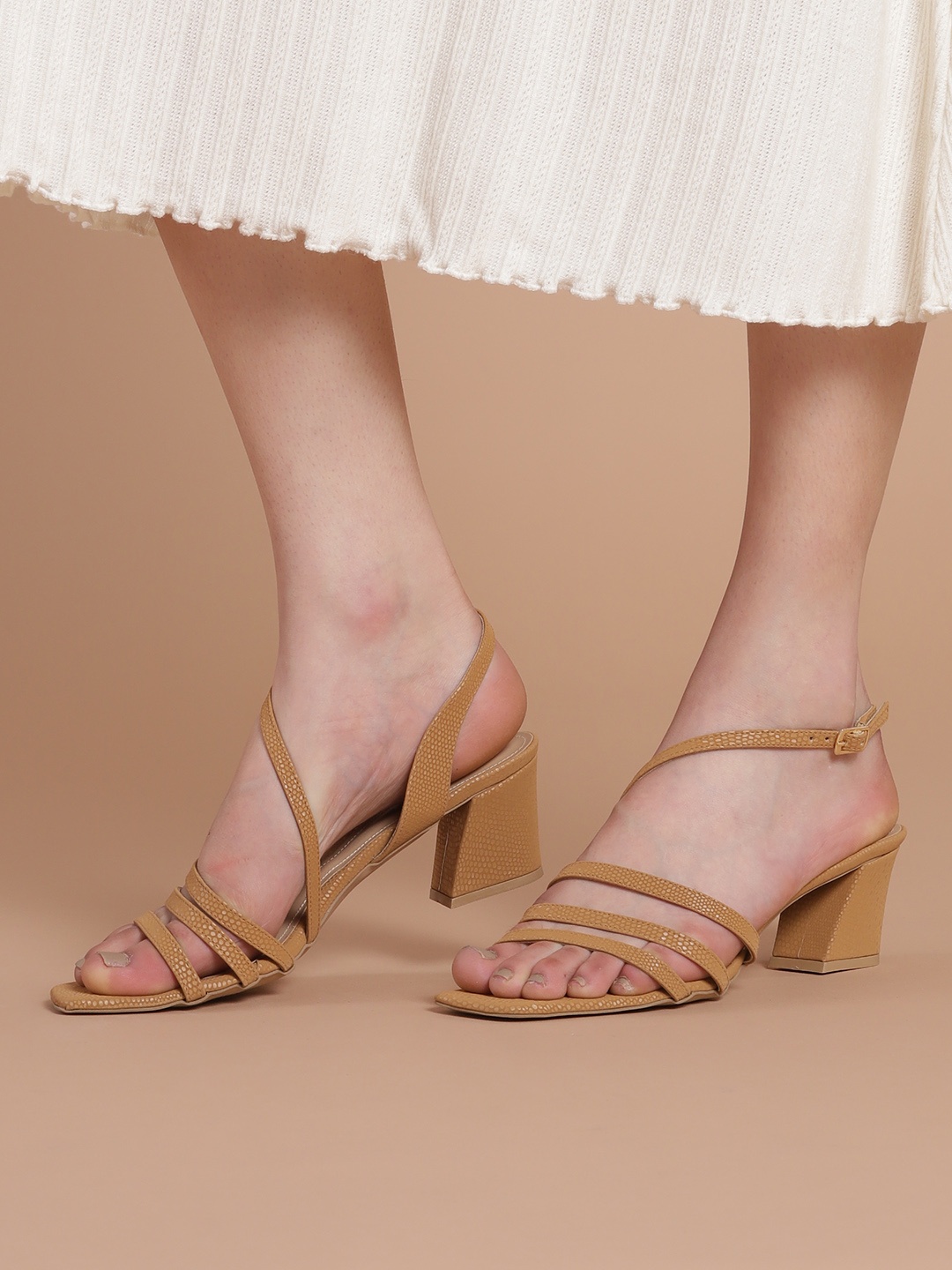 

DressBerry Women Camel Brown Snake Skin Textured Block Heels