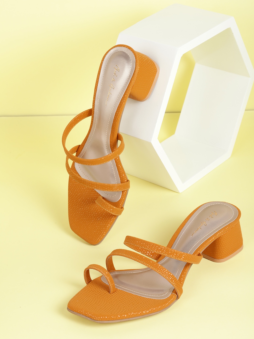 

Mast & Harbour Women Mustard Yellow Snake Skin Textured Strappy Block Heels