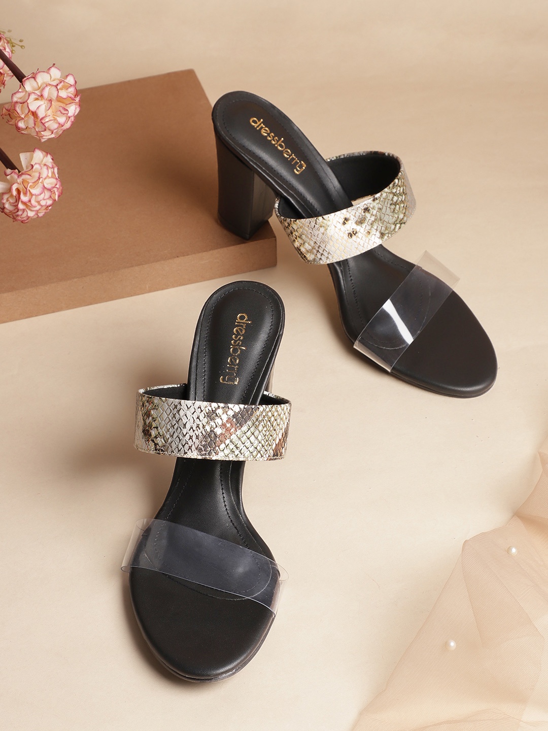 

DressBerry Women Transparent & Gold-Toned Snake Skin Textured Block Heels