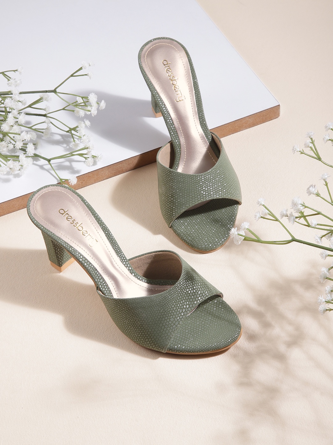 

DressBerry Olive Green Snakeskin Textured Handcrafted Block Heels