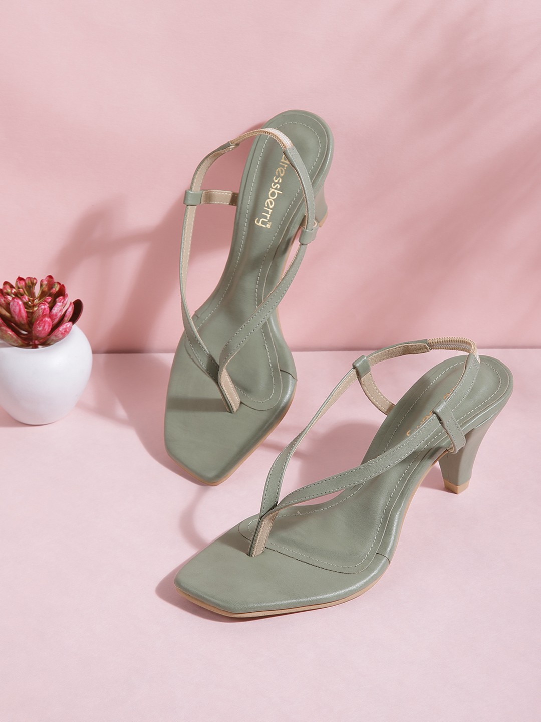

DressBerry Sage Green Solid Handcrafted Block Heels