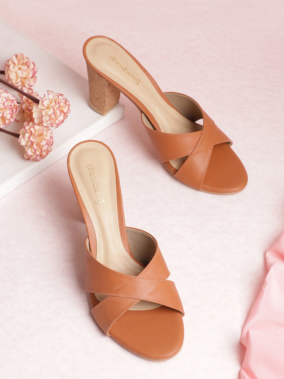 

DressBerry Tan Brown Solid Criss-Cross Handcrafted Block Heels
