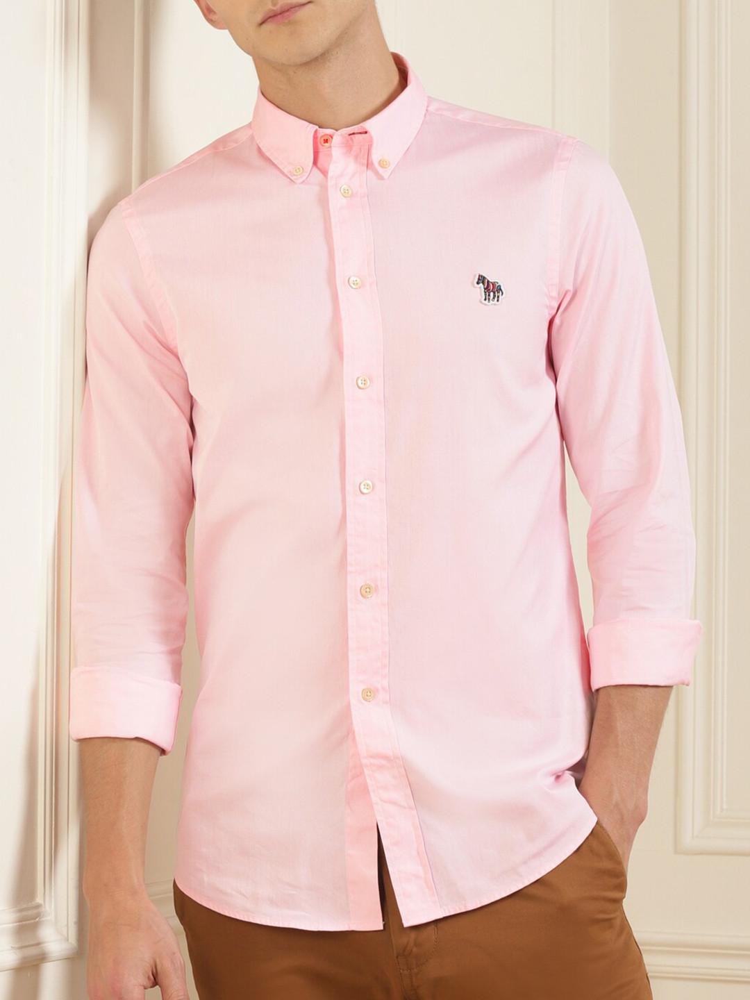 

PS By Paul Smith Men Pink Regular Fit Zebra Logo Organic Cotton Casual Shirt