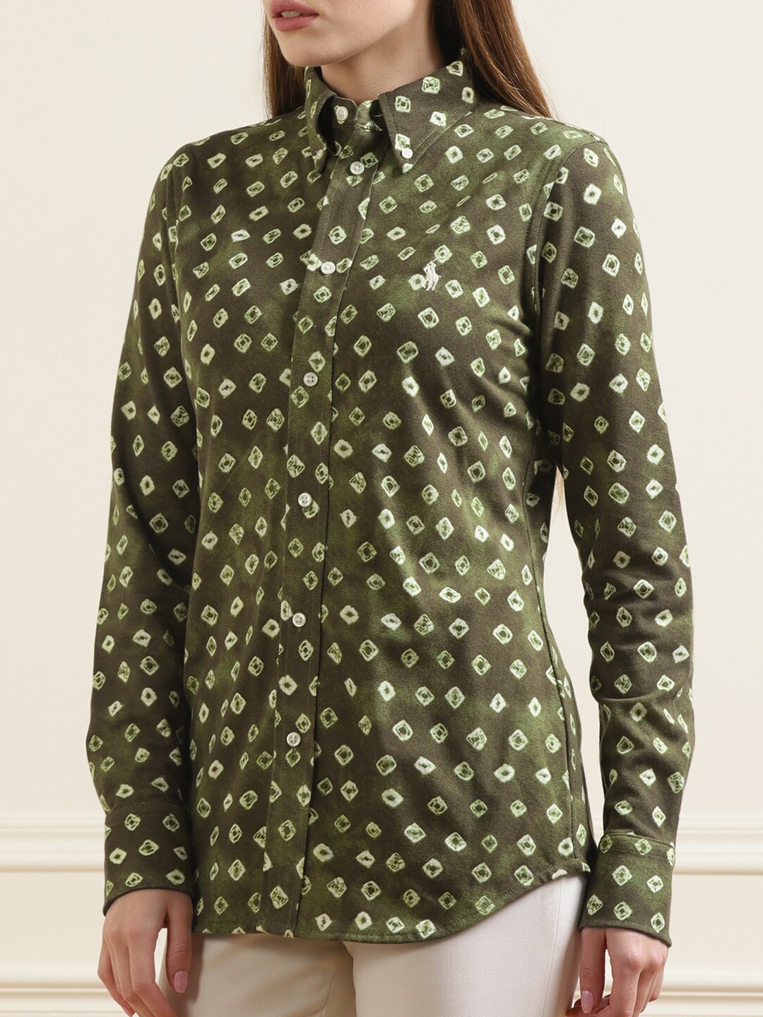 

Polo Ralph Lauren Women Green Geometric Printed Pure Cotton Casual Shirt