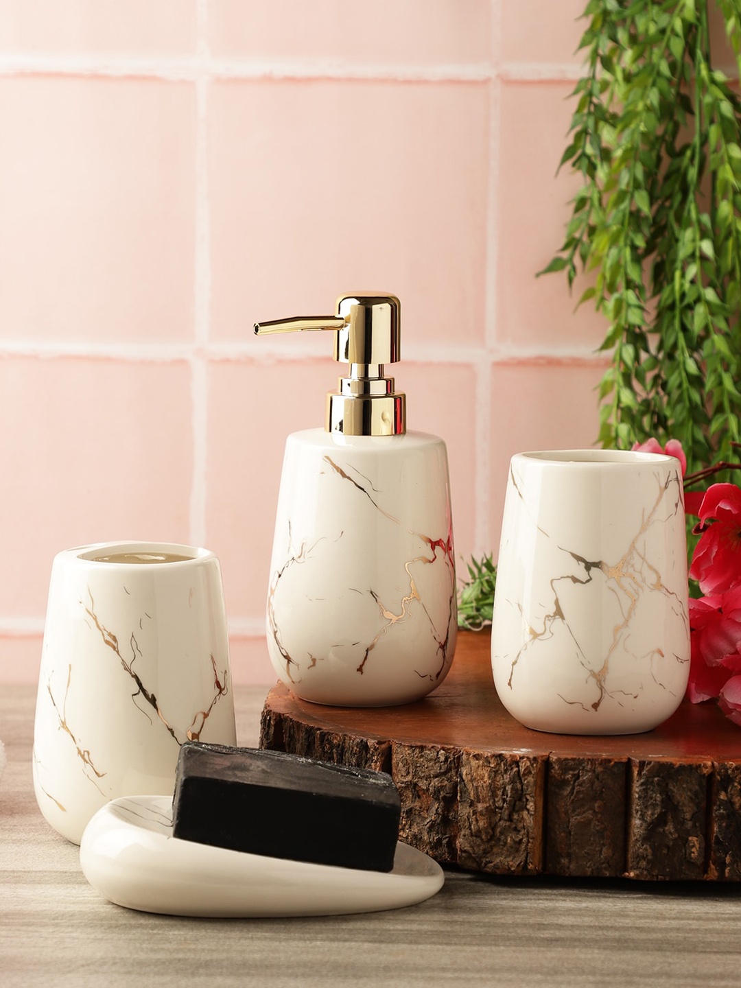 

The Decor Mart Set of 5 White & Gold-Toned Printed Ceramic Bath Accessories