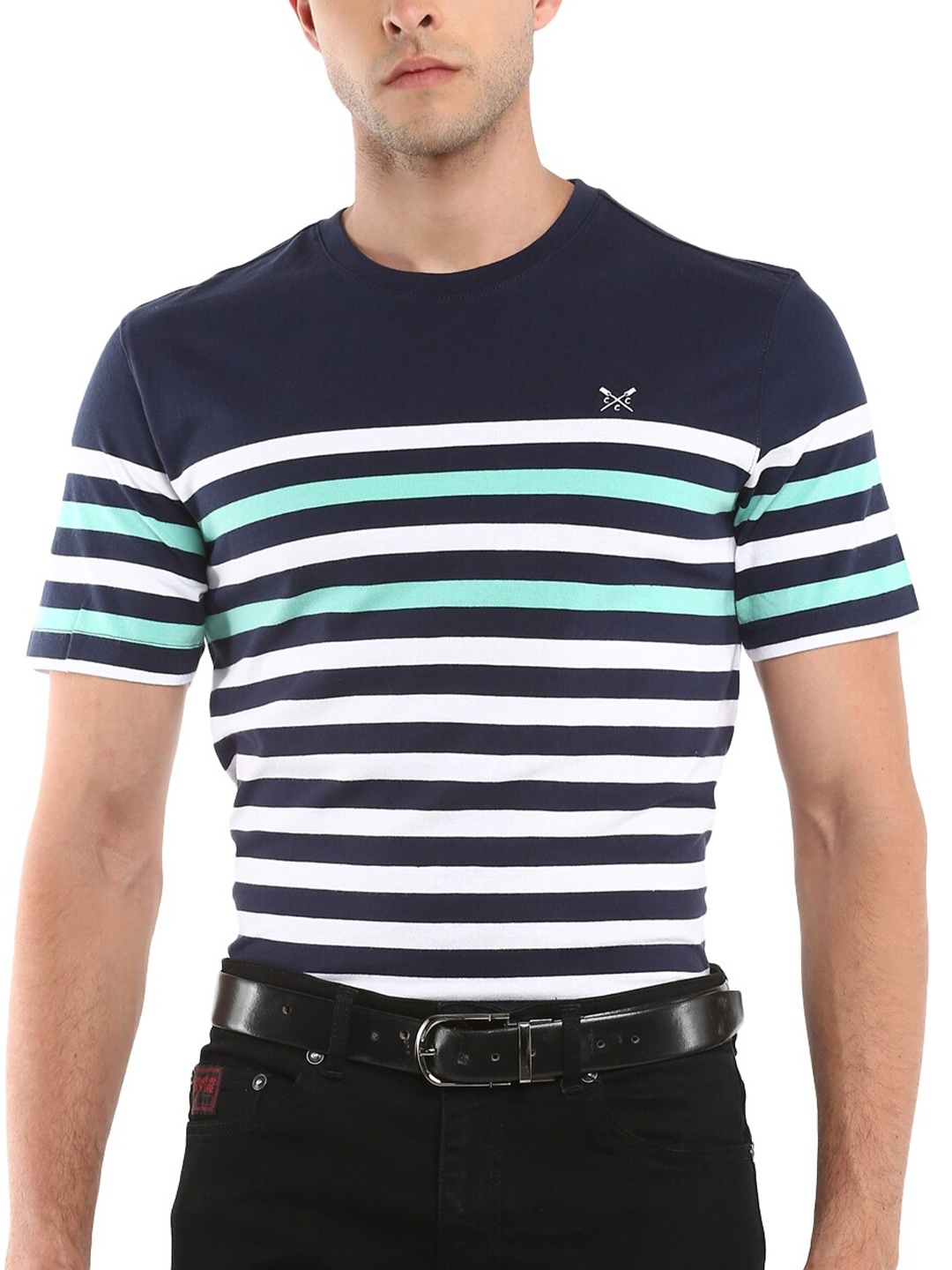 

Crew Clothing Men Navy Blue Striped Pure Cotton Slim Fit T-shirt