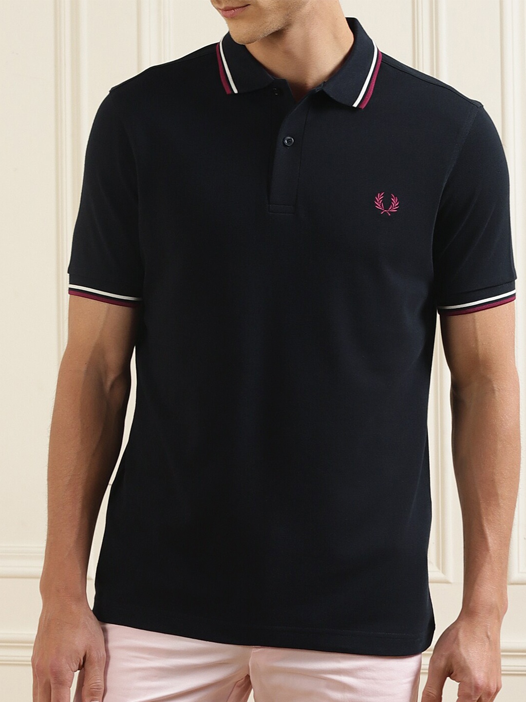 

Fred Perry Men Navy Blue Polo Collar Pure Cotton T-shirt