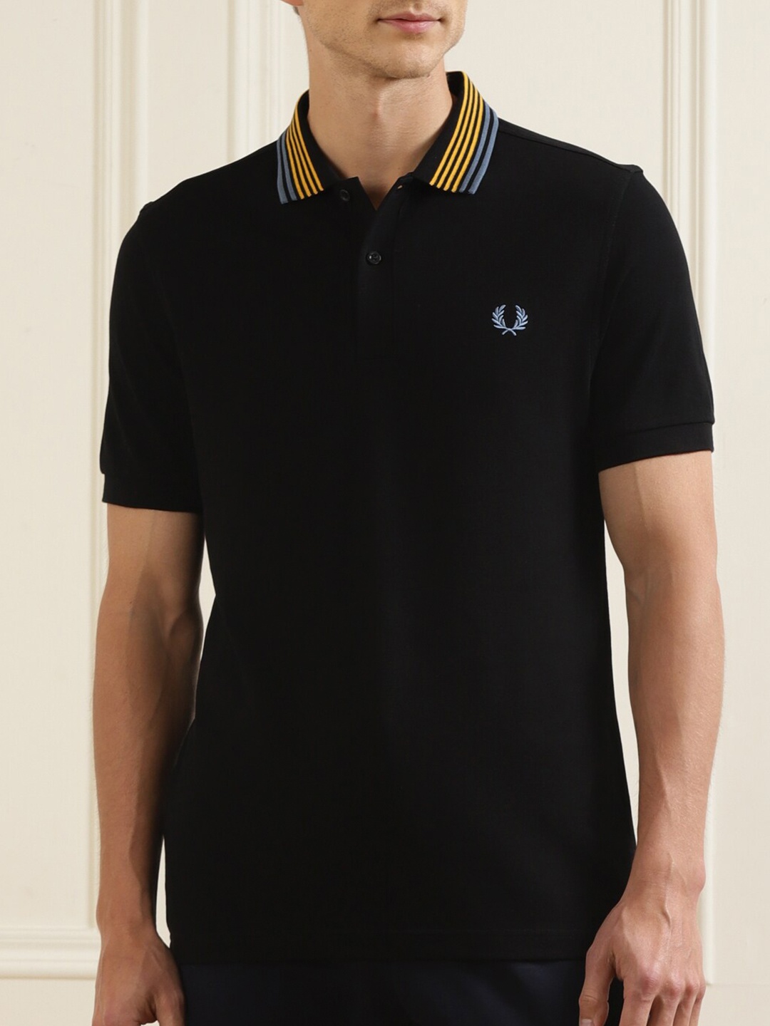 

Fred Perry Men Black & Yellow Solid Polo Collar Pure Cotton T-shirt