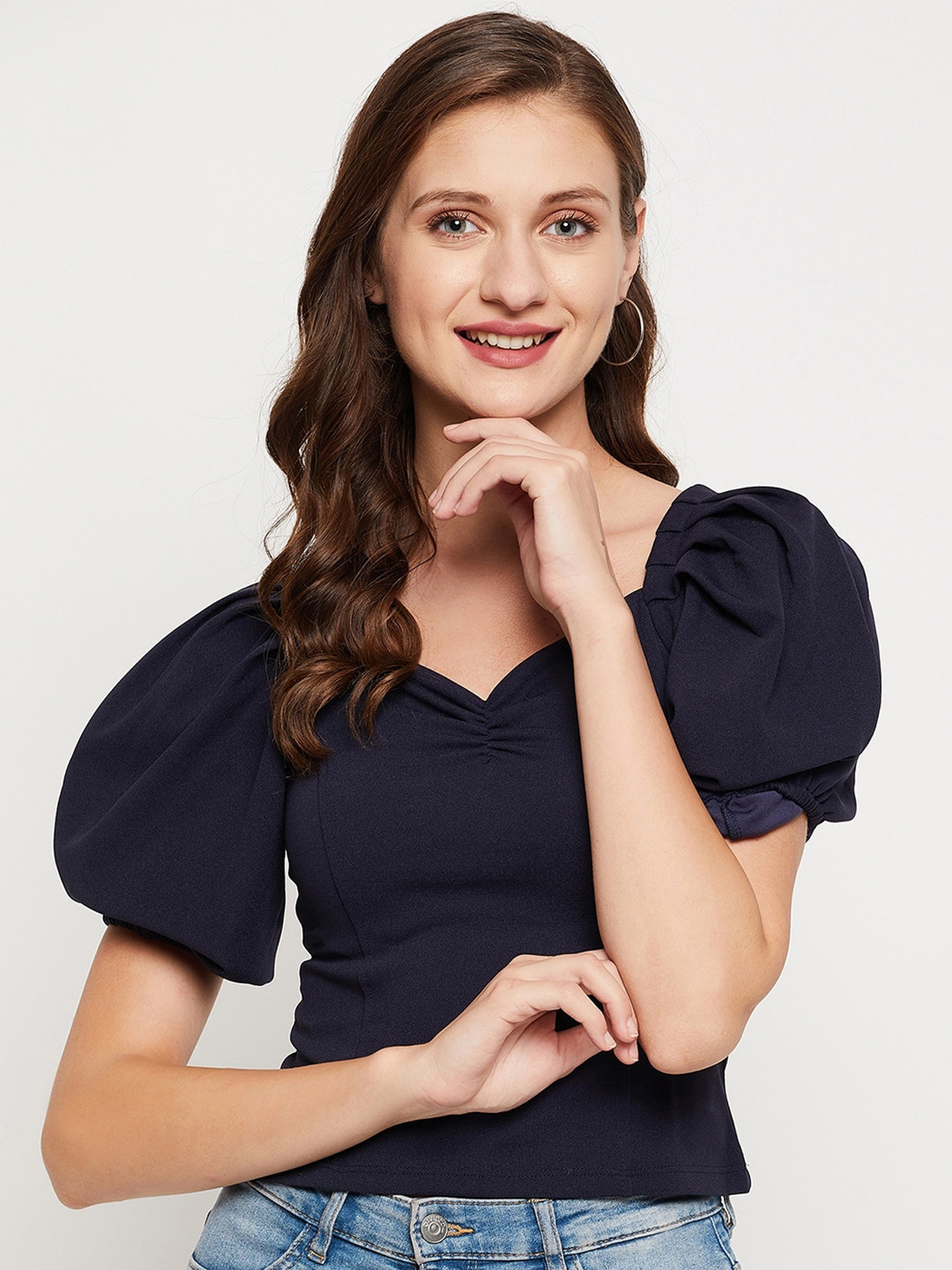 

LE BOURGEOIS Women Navy Blue V-Neck Puff Sleeve Crop Top