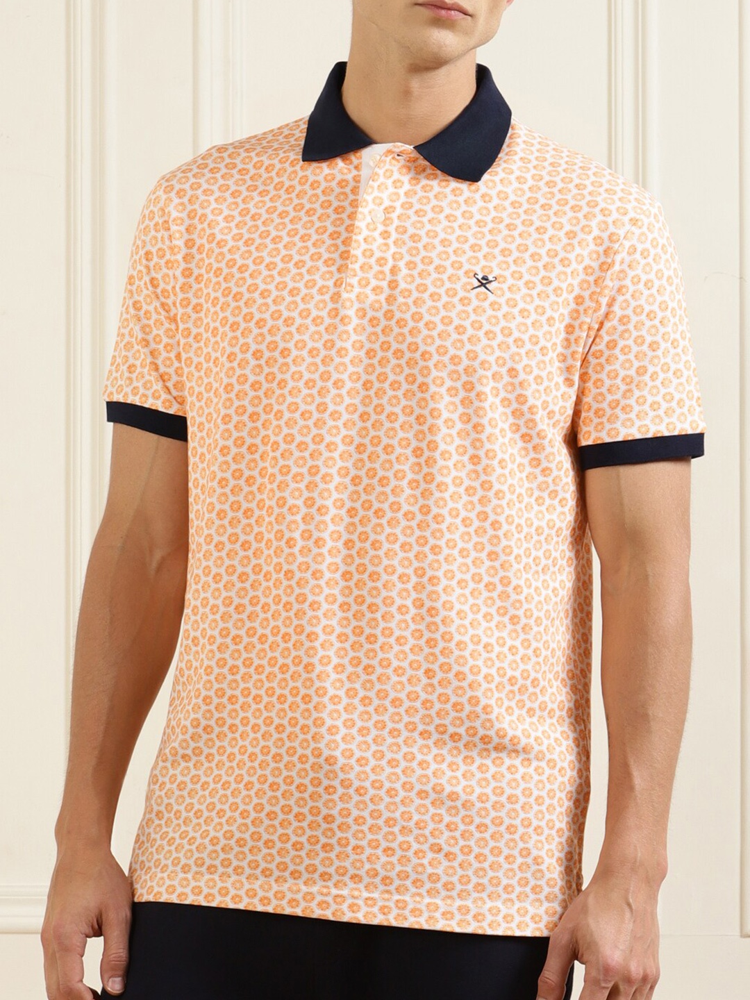 

HACKETT LONDON Men Orange Printed Polo Collar Pure Cotton T-shirt