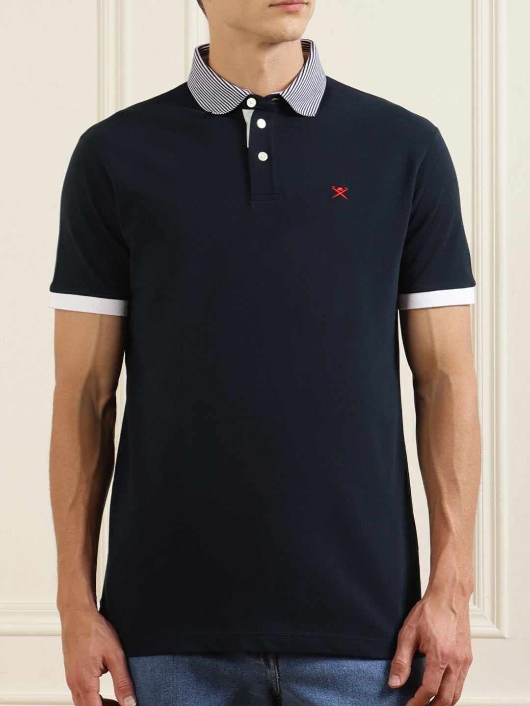 

HACKETT LONDON Men Navy Blue Polo Collar Pure Cotton Applique T-shirt