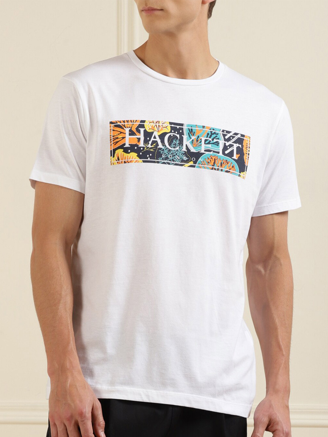 

HACKETT LONDON Men White & Yellow Brand Logo Printed Pure Cotton T-shirt