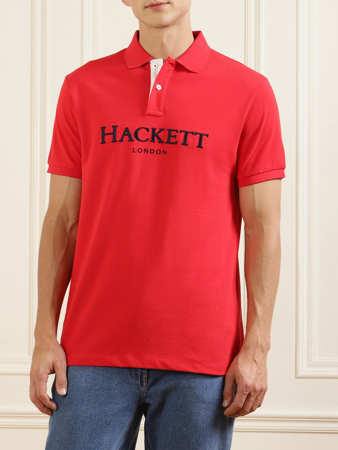 

HACKETT LONDON Men Red Brand Logo Printed Polo Collar Pure Cotton Applique T-shirt