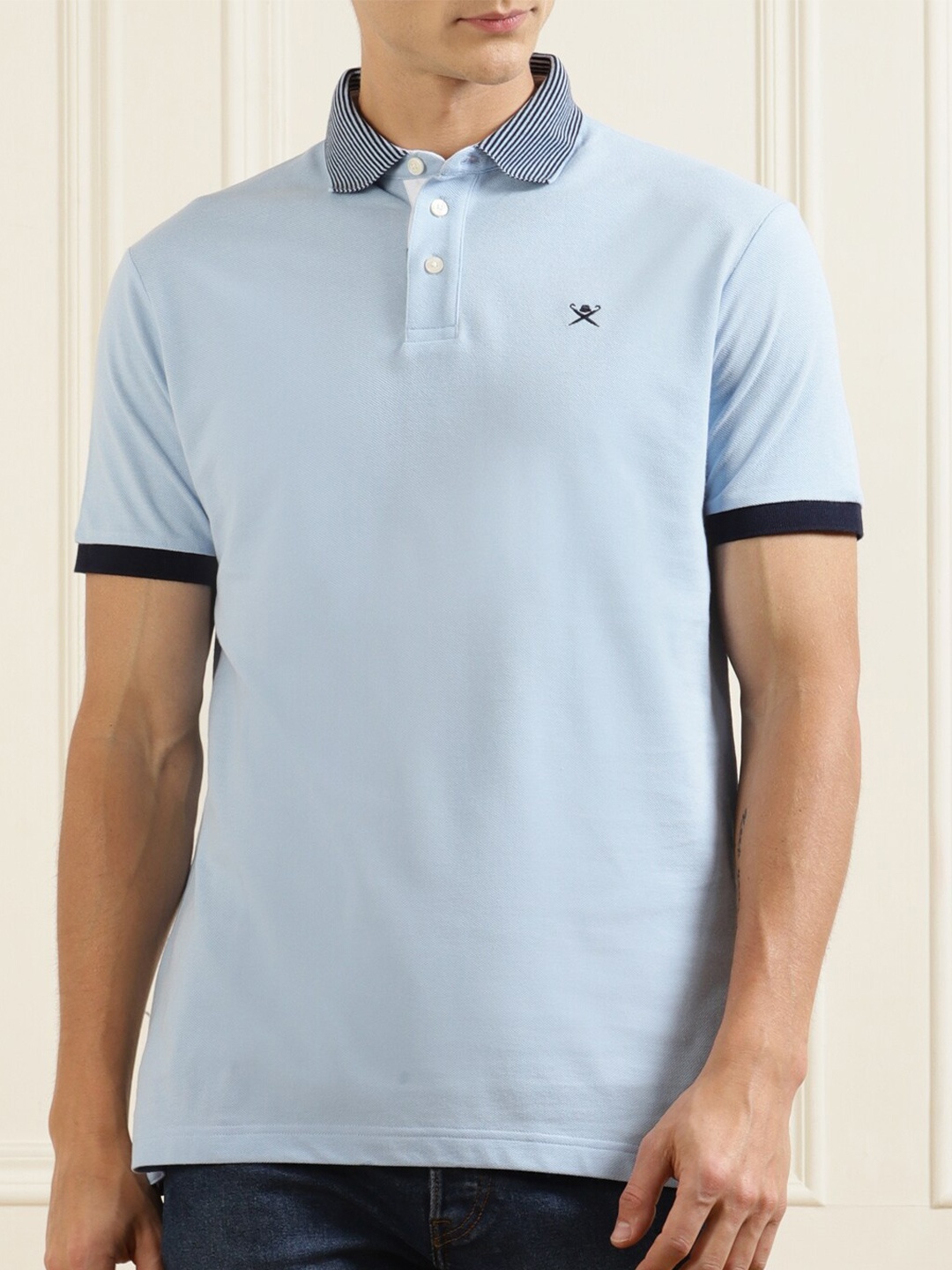 

HACKETT LONDON Blue Polo Collar Pure Cotton Applique T-shirt