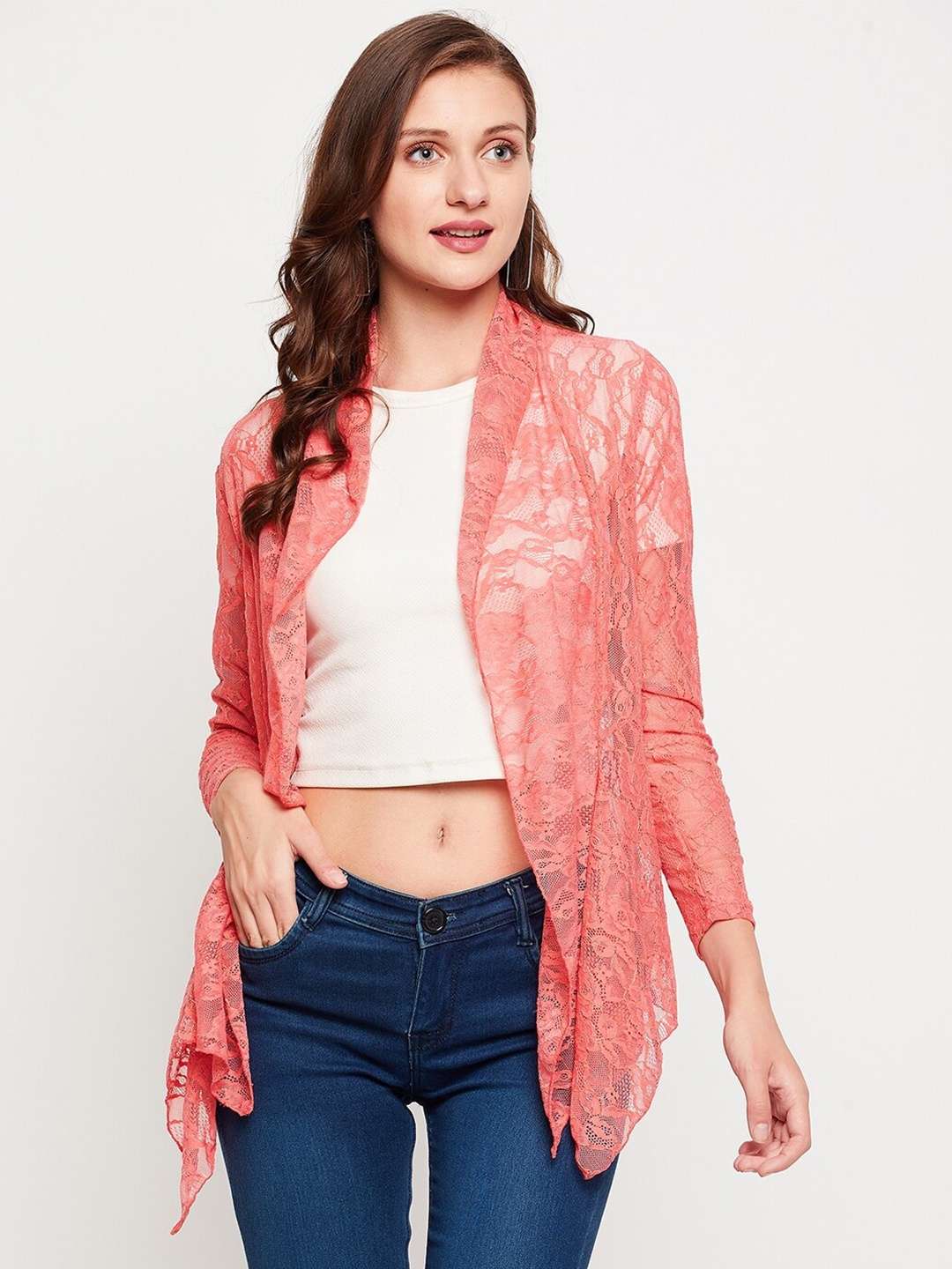 

LE BOURGEOIS Women Peach-Coloured Longline Front Open Sheer Shrug