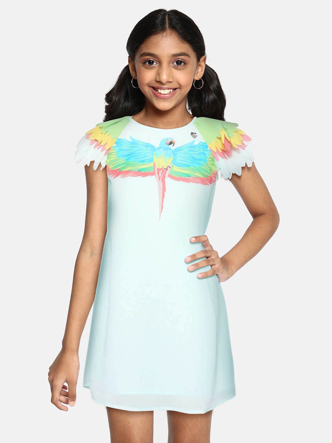 

Allen Solly Junior Girls Blue & Green Parrot Print Cap Sleeves A-Line Dress