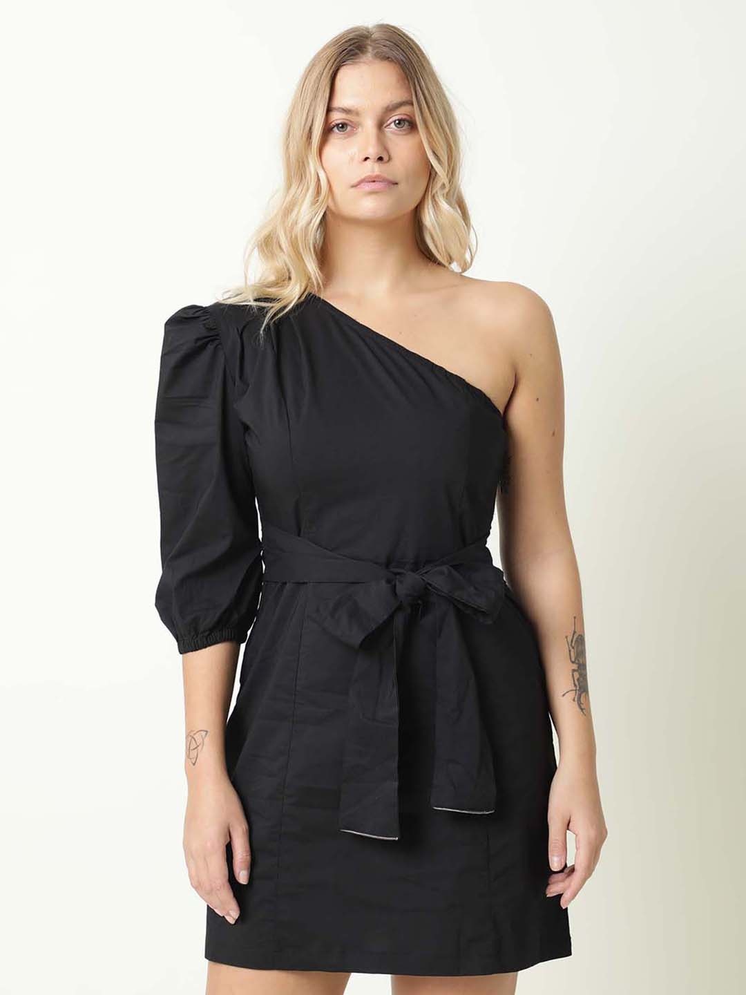 

RAREISM Women Black One Shoulder Sheath Dress