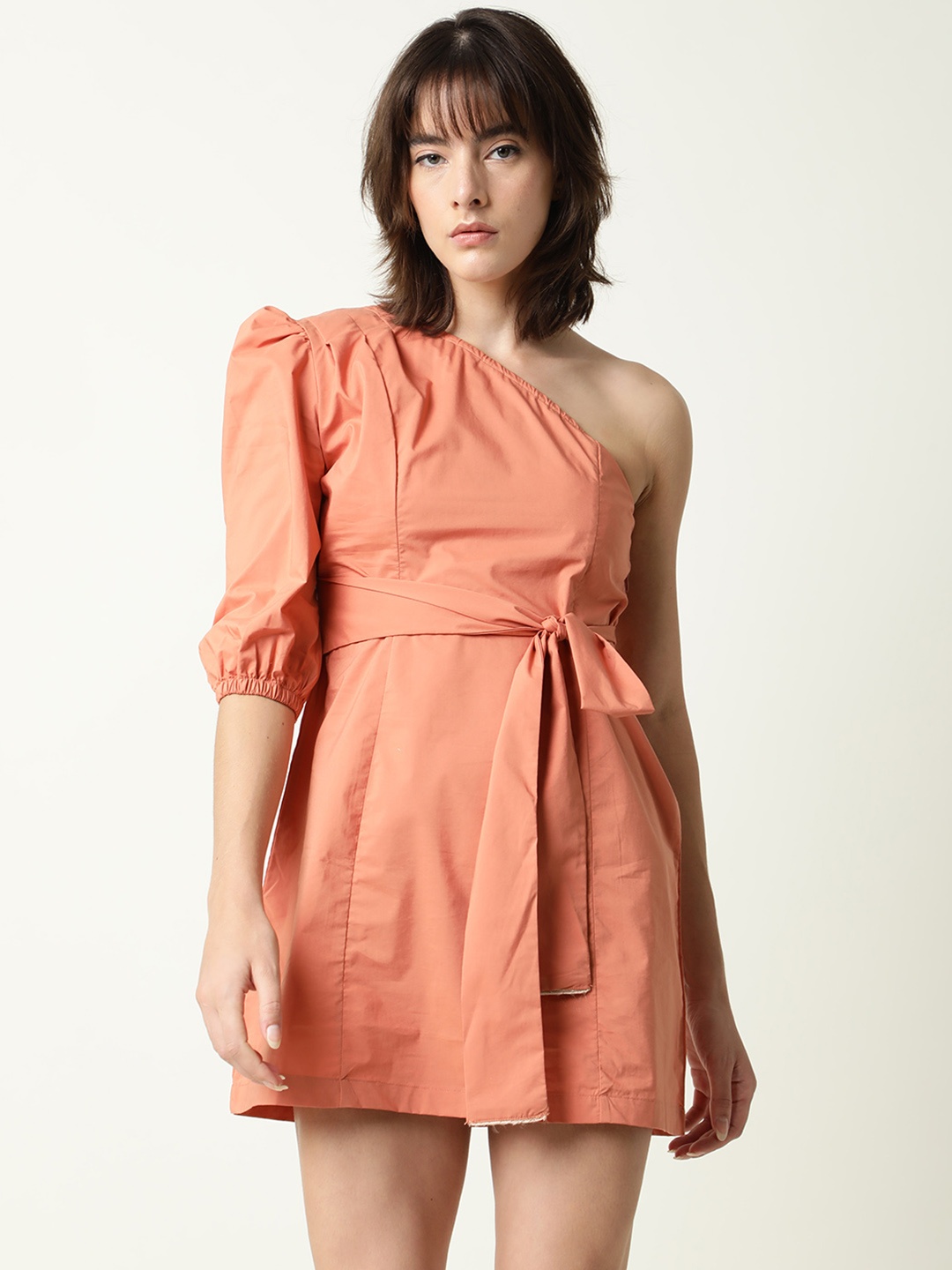 

RAREISM Peach-Coloured One Shoulder A-Line Dress