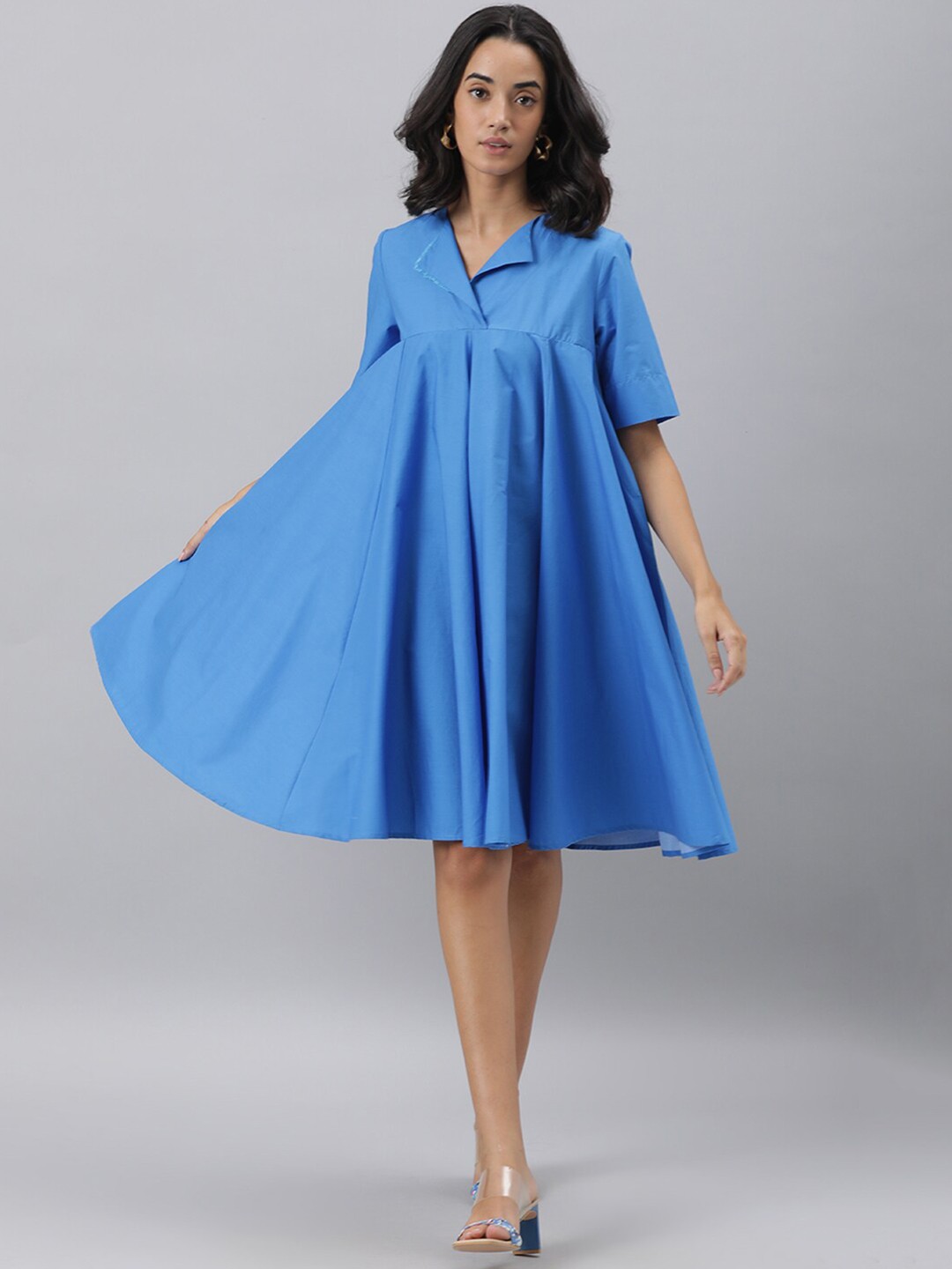 

RAREISM Women Blue Solid V-neck Cotton A-Line Dress