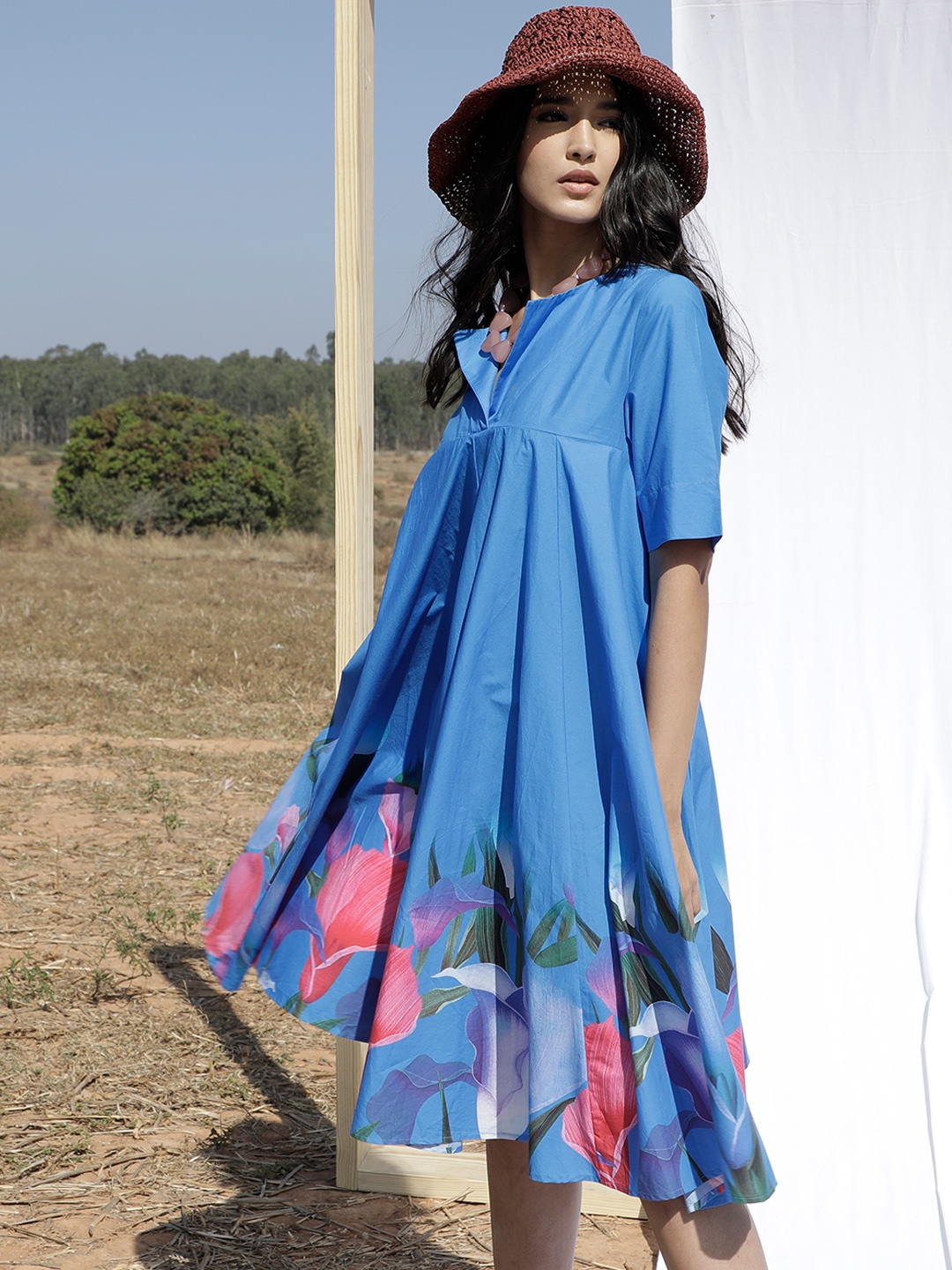 

RAREISM Blue Floral Empire Dress