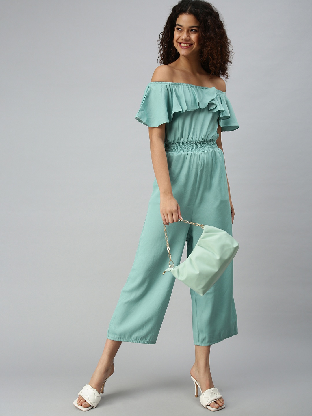 

SHOWOFF Green Off-Shoulder Basic Cotton Jumpsuit