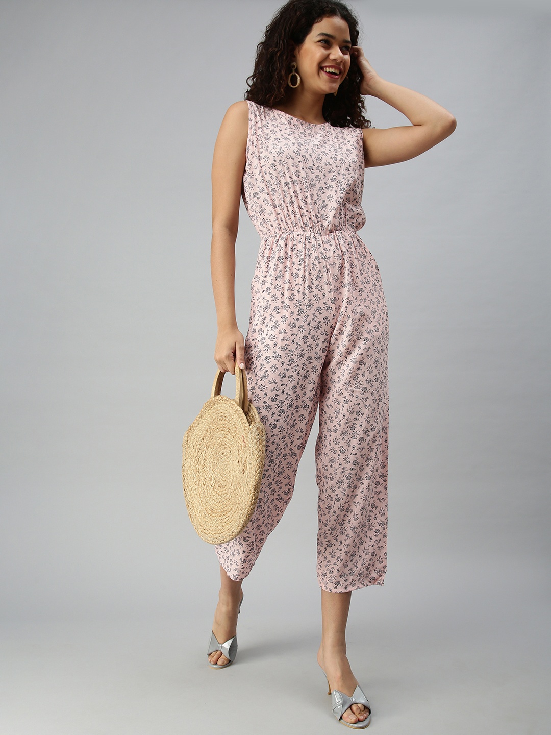 

SHOWOFF Pink & Black Floral Printed Cropped Basic Jumpsuit