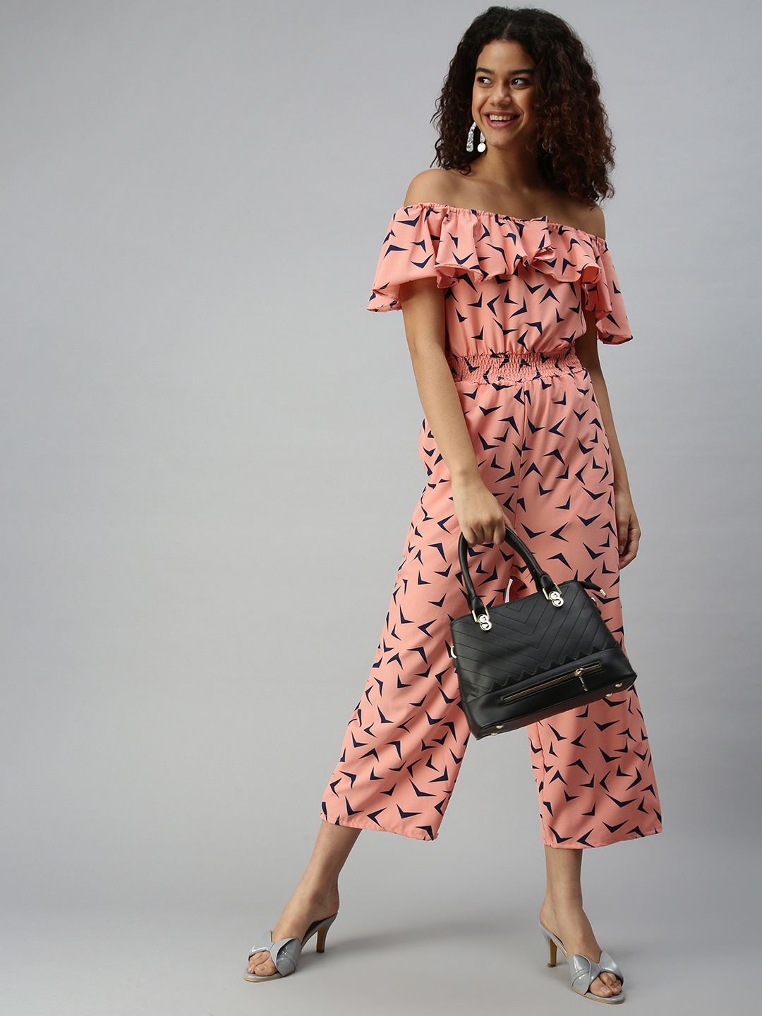 

SHOWOFF Peach-Coloured & Black Off-Shoulder Printed Basic Jumpsuit