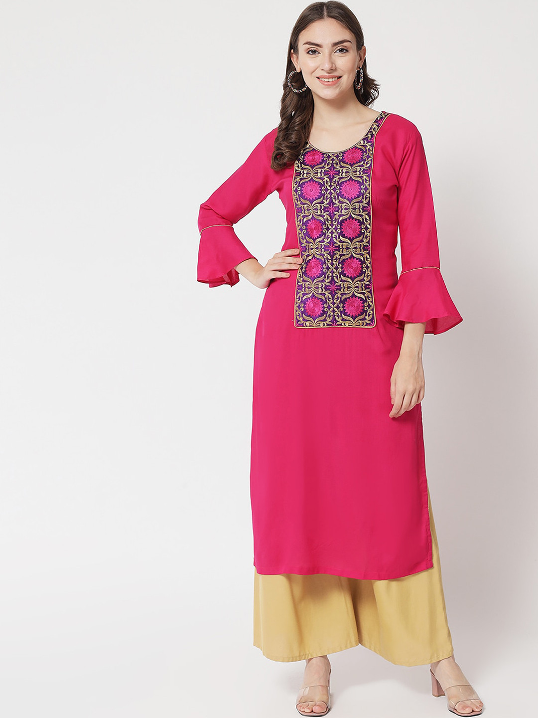 

Aujjessa Women Fuchsia & Blue Floral Embroidered Bell Sleeves Thread Work Kurta