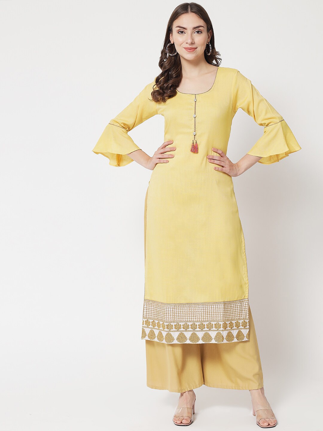 

Aujjessa Women Yellow Geometric Embroidered Flared Sleeves Kurta