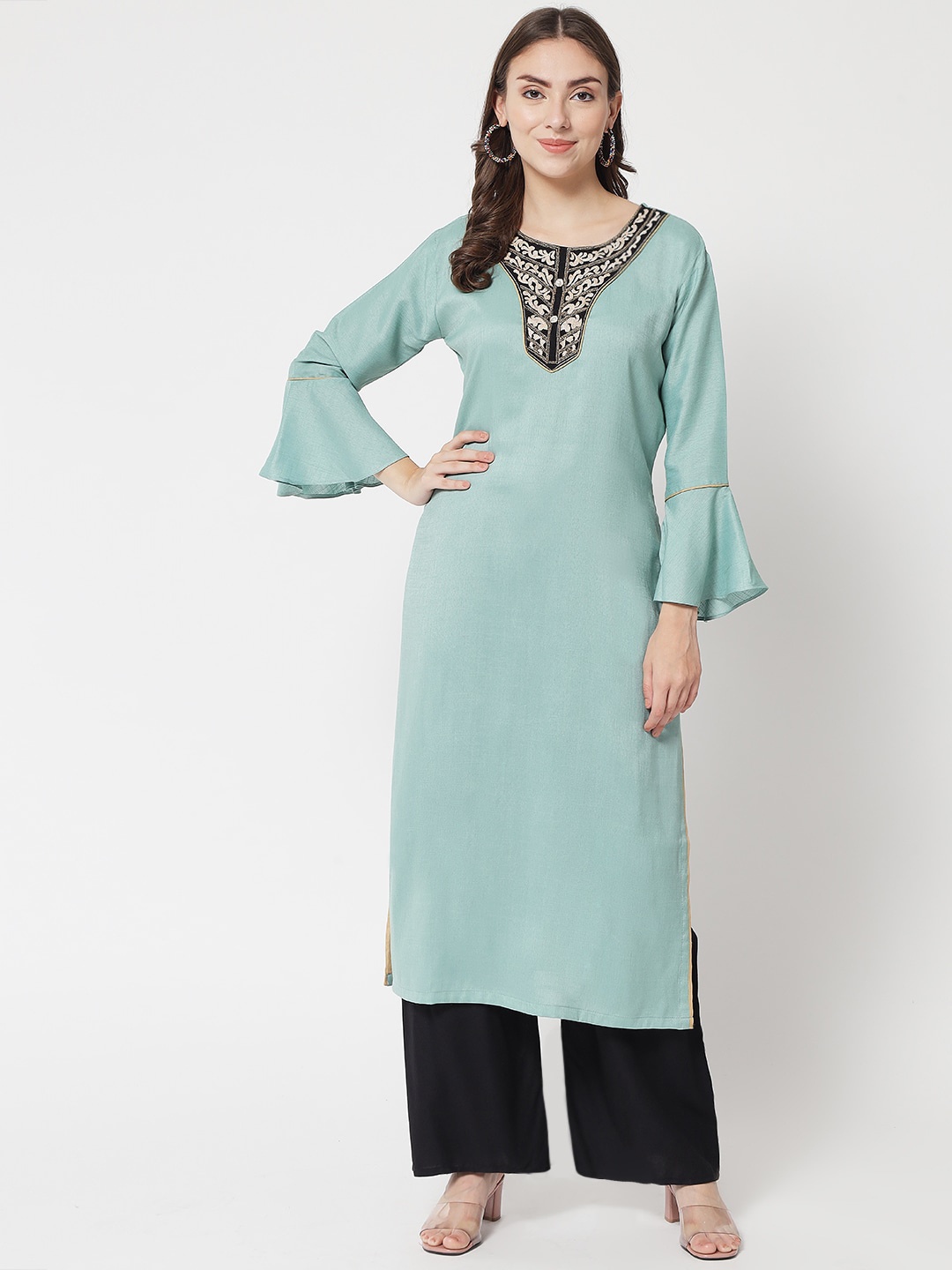 

Aujjessa Green Yoke Design Flared Sleeves Thread Work Pastels Kurta