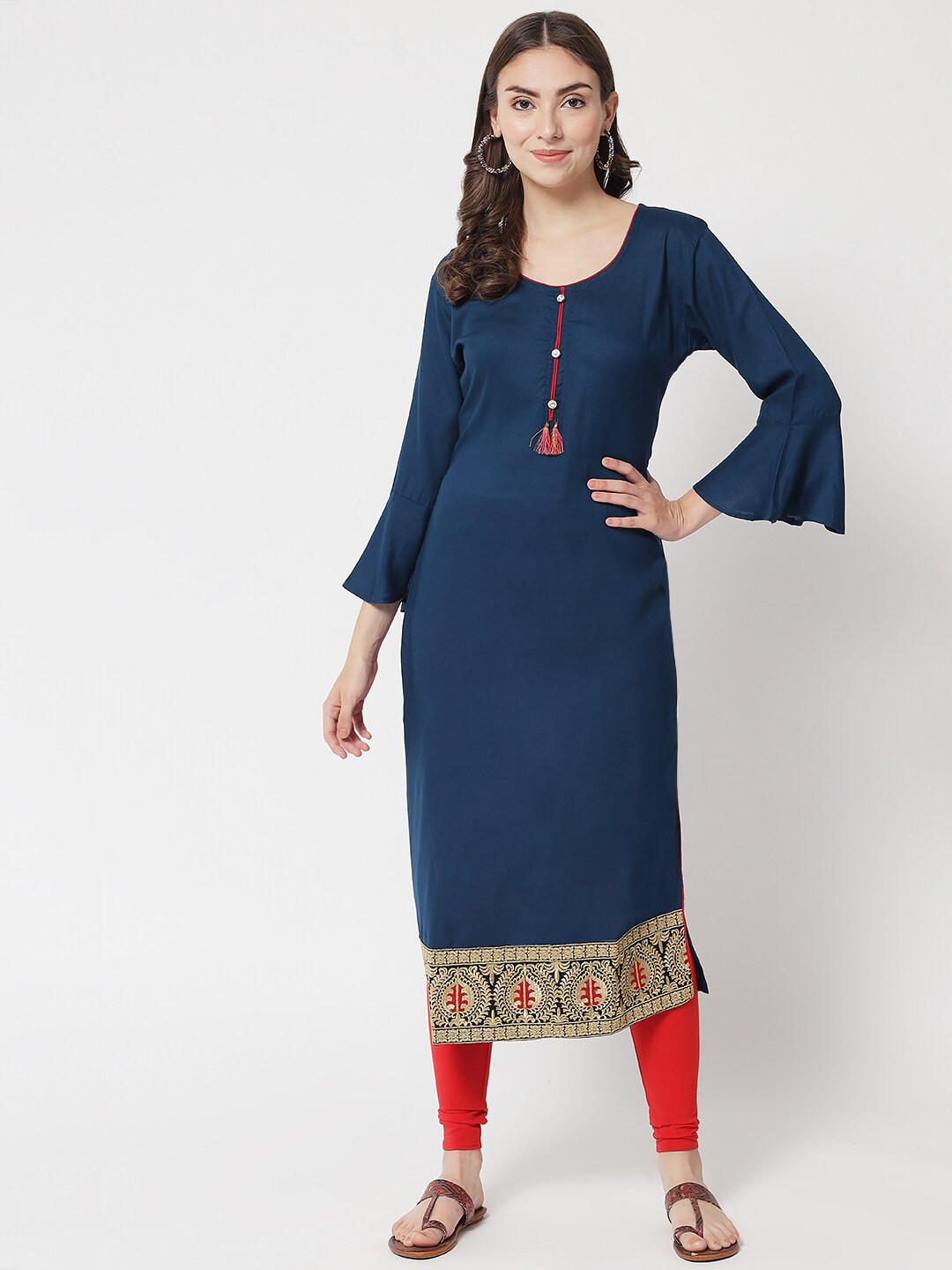

Aujjessa Women Teal & Red Ethnic Motifs Bell Sleeves Thread Work Kurta