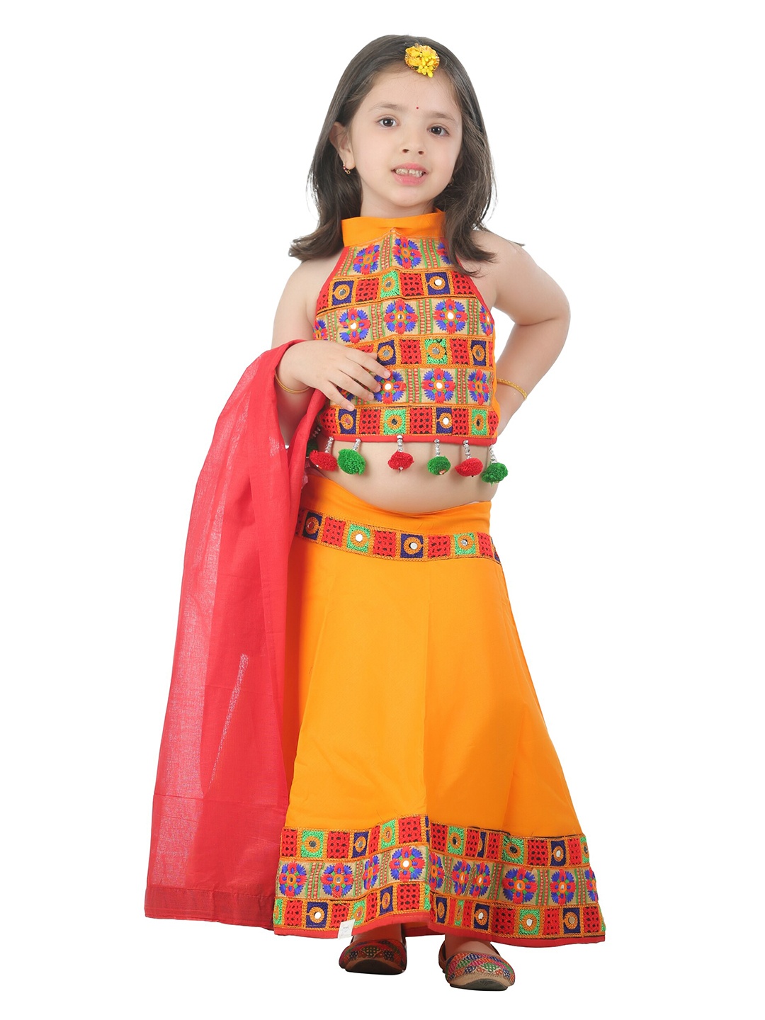 

ahhaaaa Girls Yellow & Orange Embellished Ready to Wear Lehenga & Blouse With Dupatta