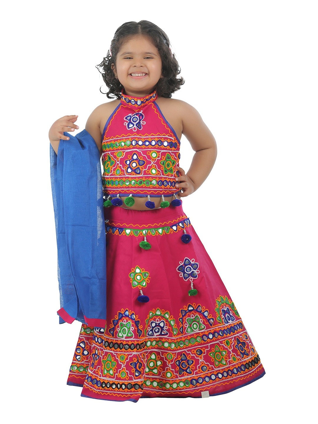 

ahhaaaa Girls Magenta & Blue Cotton Ready to Wear Lehenga & Blouse With Dupatta