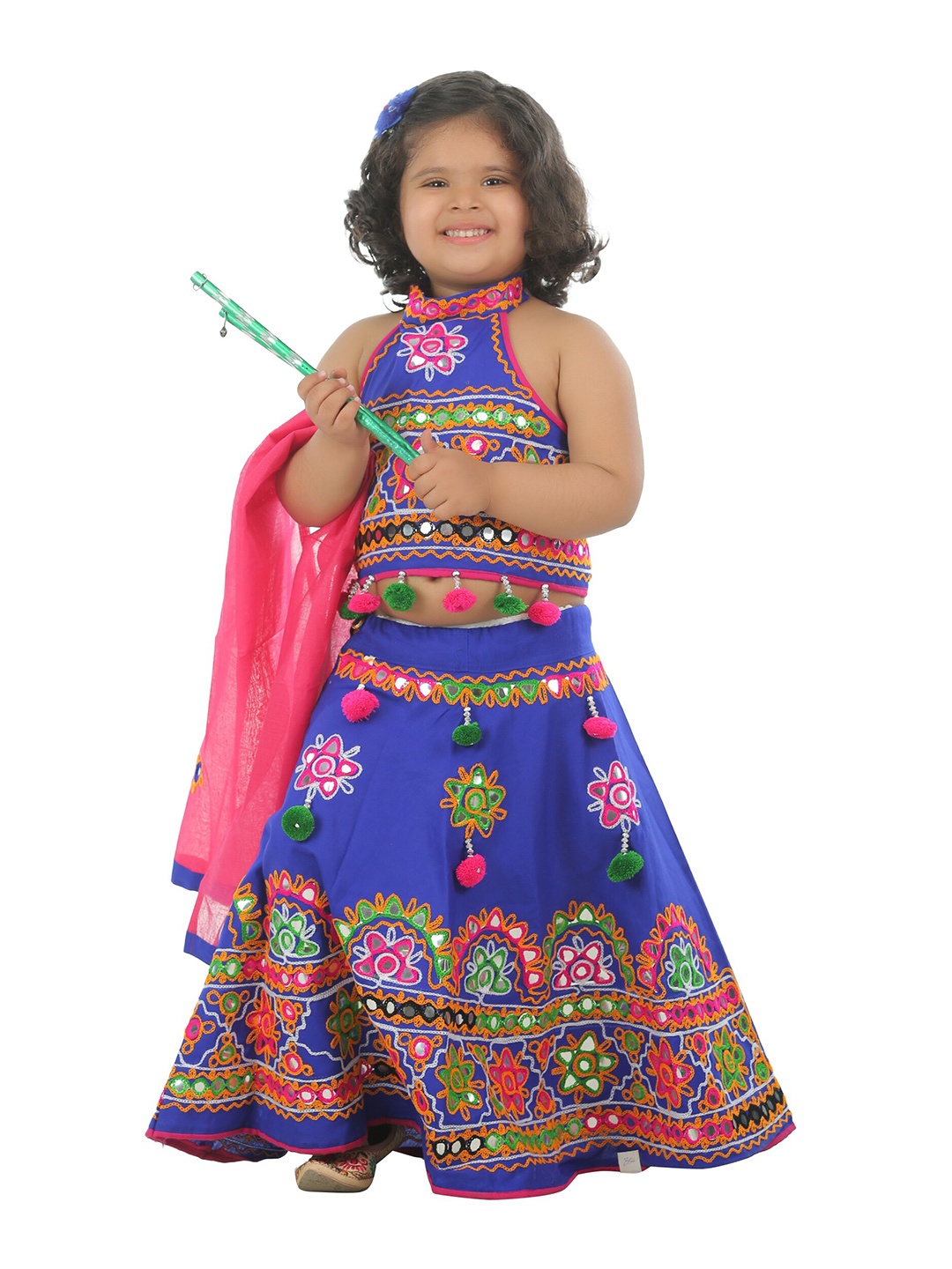 

ahhaaaa Girls Blue & Pink Embroidered Ready to Wear Lehenga & Blouse With Dupatta