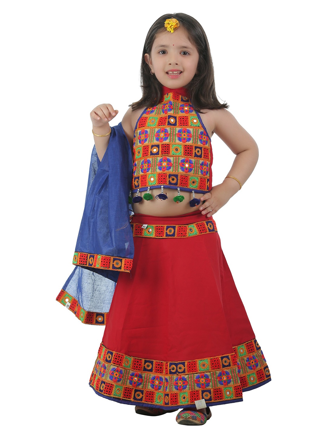 

ahhaaaa Girls Red & Blue Embellished Mirror Work Ready to Wear Lehenga & Blouse With Dupatta