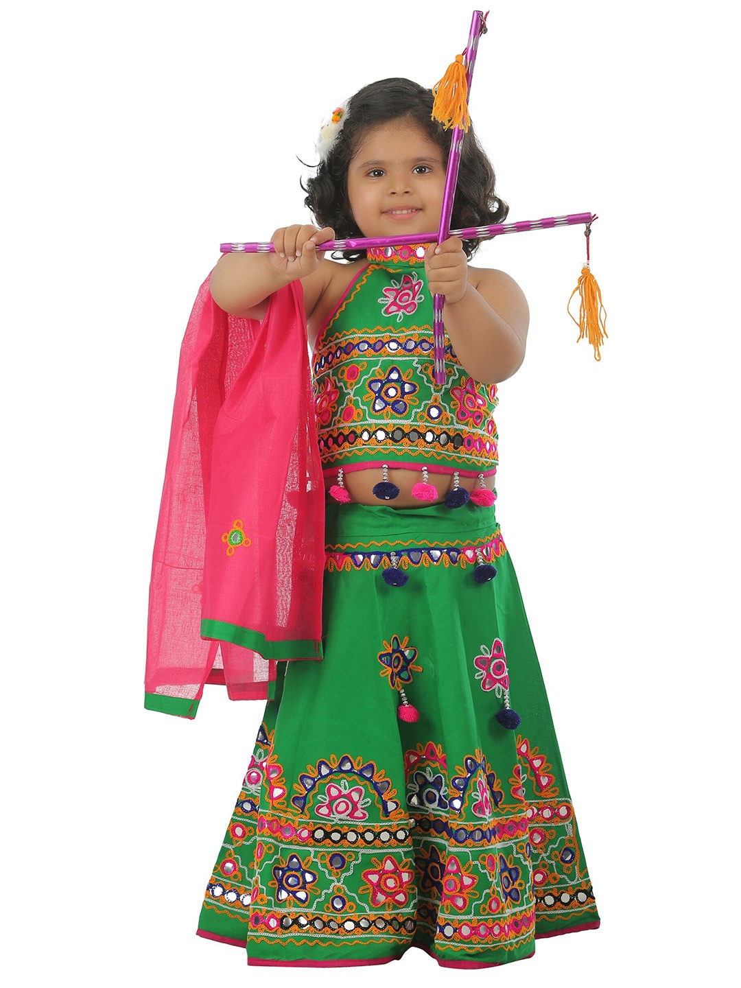 

ahhaaaa Girls Green & Pink Cotton Mirror Work Ready to Wear Lehenga & Blouse With Dupatta