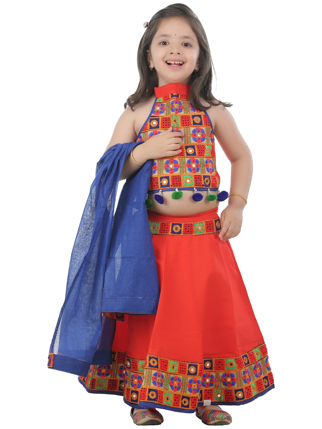 

ahhaaaa Girls Orange & Blue Embroidered Ready to Wear Lehenga & Blouse With Dupatta