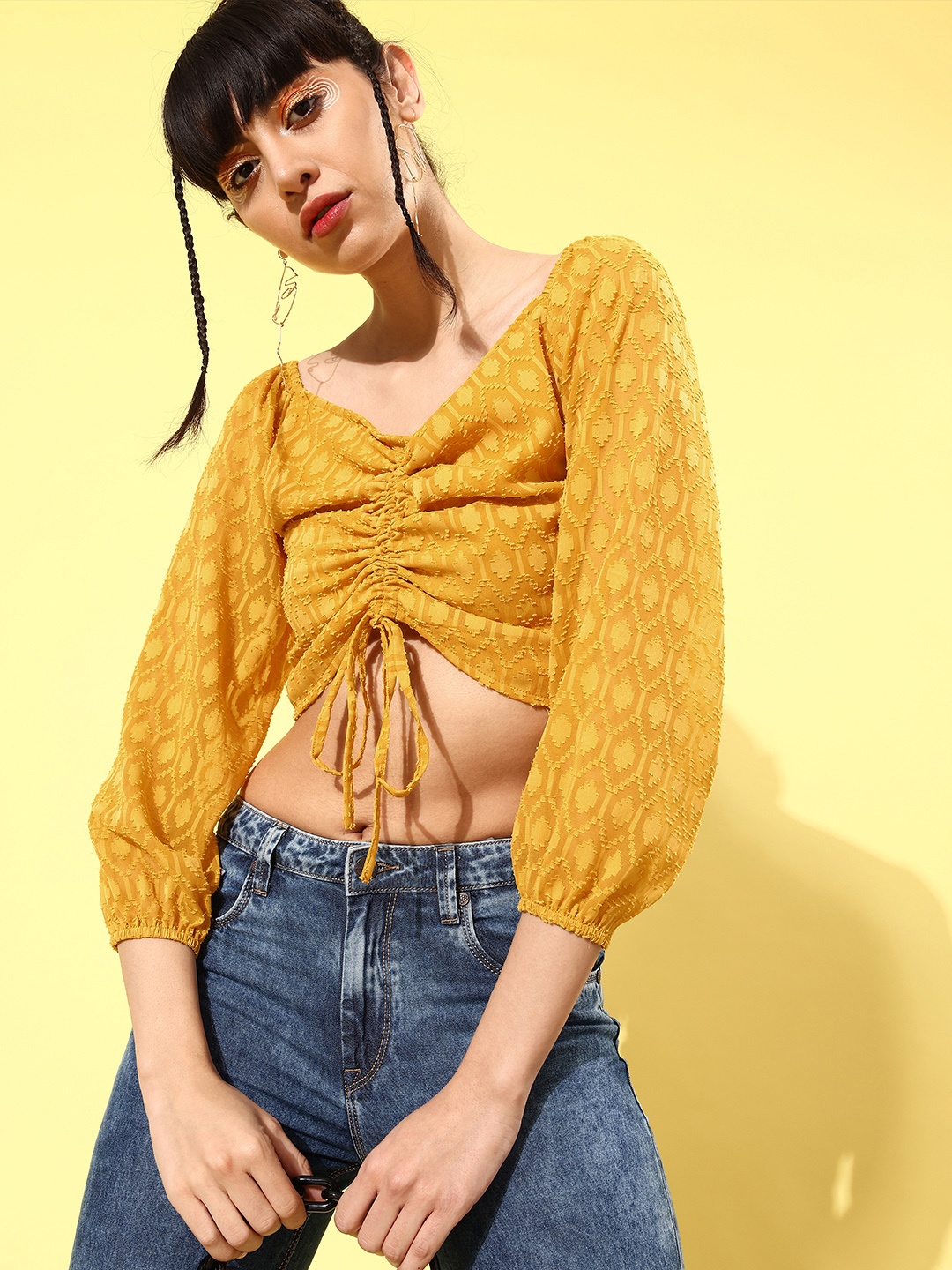 

Rare Bright Mustard Ethnic Motifs Volume Play Top