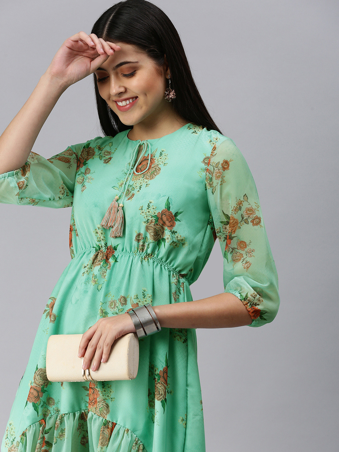 

ETIQUETTE Women Green & Rust Red Floral Georgette A-Line Midi Dress